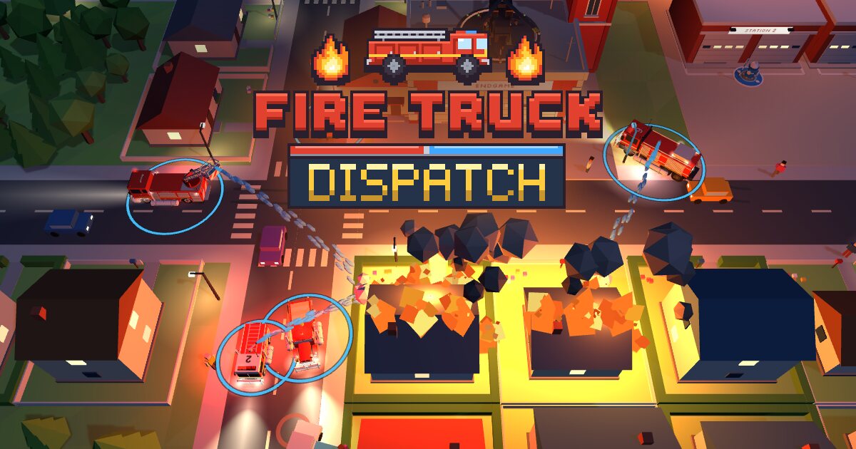 Fire trucks spraying water on a burning house at night in Fire Truck Dispatch